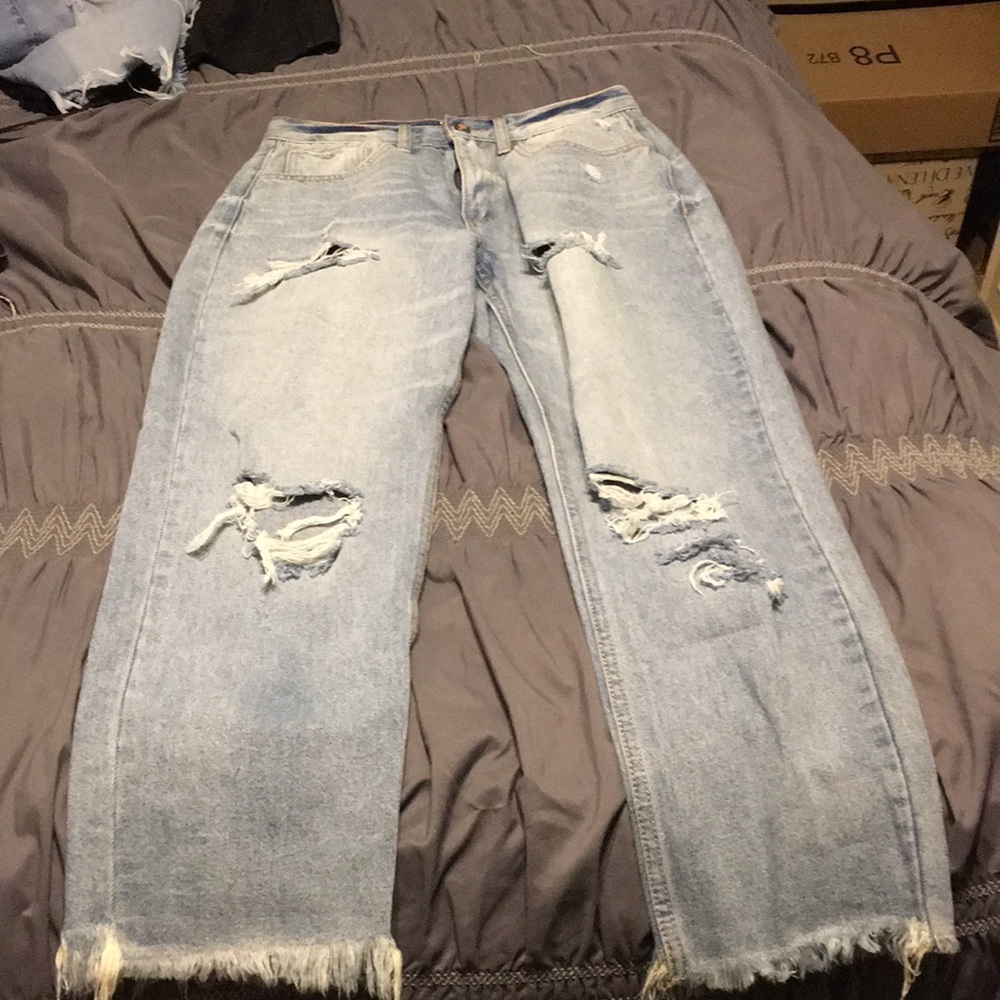 Light blue distressed mom jeans